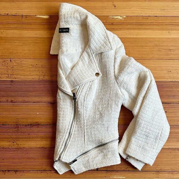 Love Token Tweed Moto Jacket in Ivory. Size M. - Picture 10 of 13
